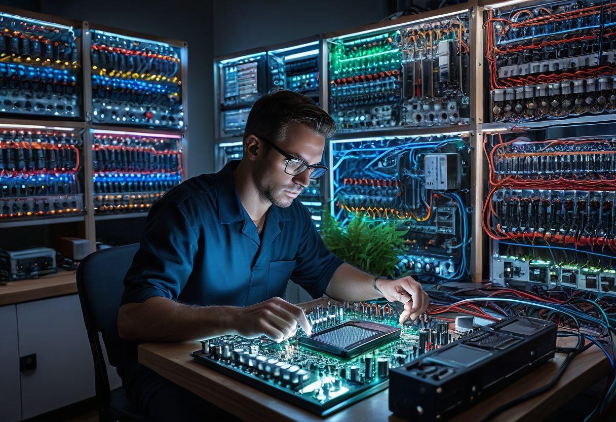 A skilled technician working on a circuit board, surrounded by tools and wires, showcasing a seamless transition to installing a generator. The background features a powered-up home with bright lights and healthy green surroundings, symbolizing energy and vitality. Include a luminous power grid illustration in the sky to reflect the theme of power and purpose. Focus on a modern, dynamic composition with a blend of technology and nature. super-realistic. vibrant colors. 3D.