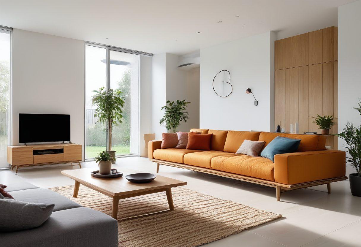 A modern living room showcasing innovative smart wiring solutions and energy-efficient appliances, with bright LED lights illuminating the space. Include futuristic smart devices and eco-friendly materials, surrounded by lush greenery for a vibrant feel. The room should exude a sense of comfort and style, embodying the essence of modern living. super-realistic. vibrant colors. white background.