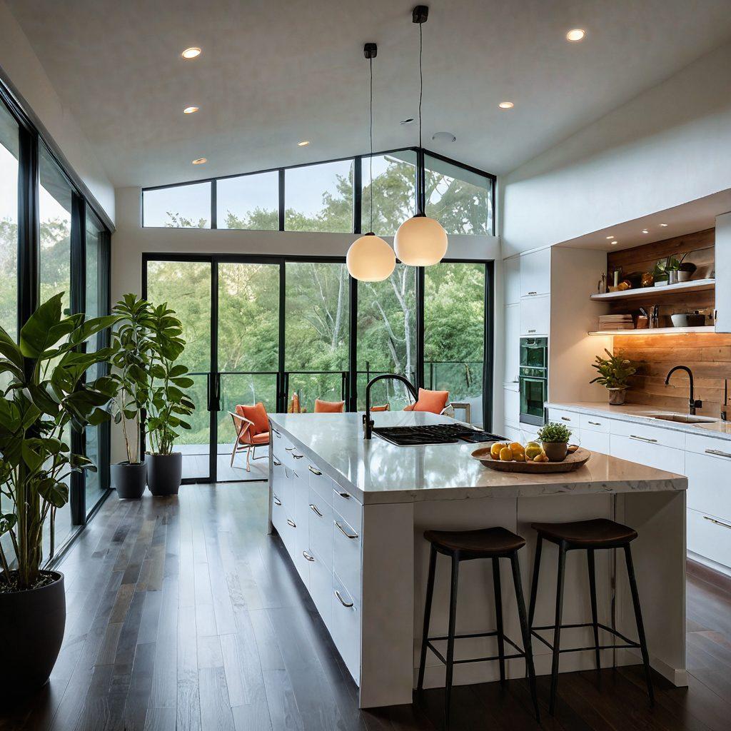 A modern, sleek home interior illuminated by innovative smart lighting, featuring energy-efficient appliances and solar panels visible through the window. Integrate elements like an energy monitor and lush indoor plants to signify sustainability. The ambiance should convey warmth and modernity, inviting viewers to imagine their own empowered spaces. super-realistic. vibrant colors. clean lines.